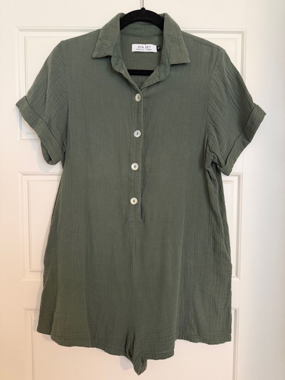 Ava Sky Olive Green Button-Front Short Sleeve Tunic Romper